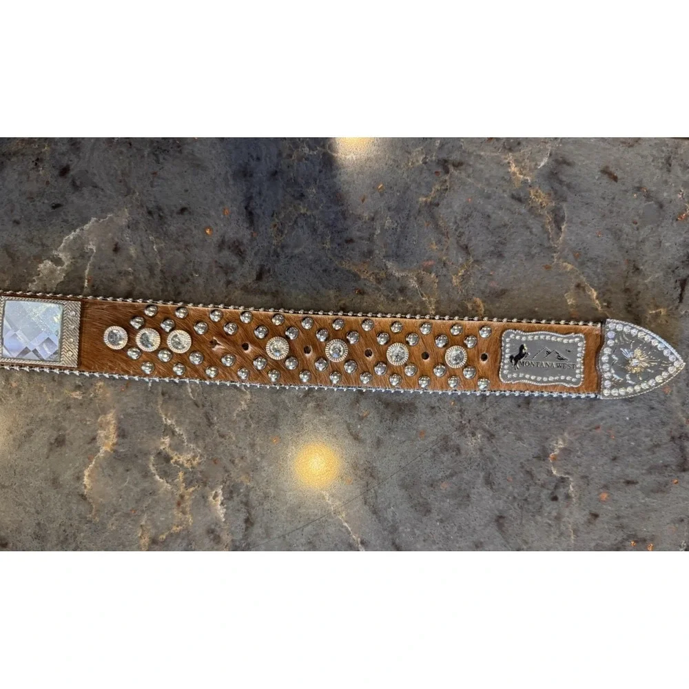 Western Rhinestone Cowhide Belt Hair On Hide Bling Cowgirl Rodeo‎ Montana West